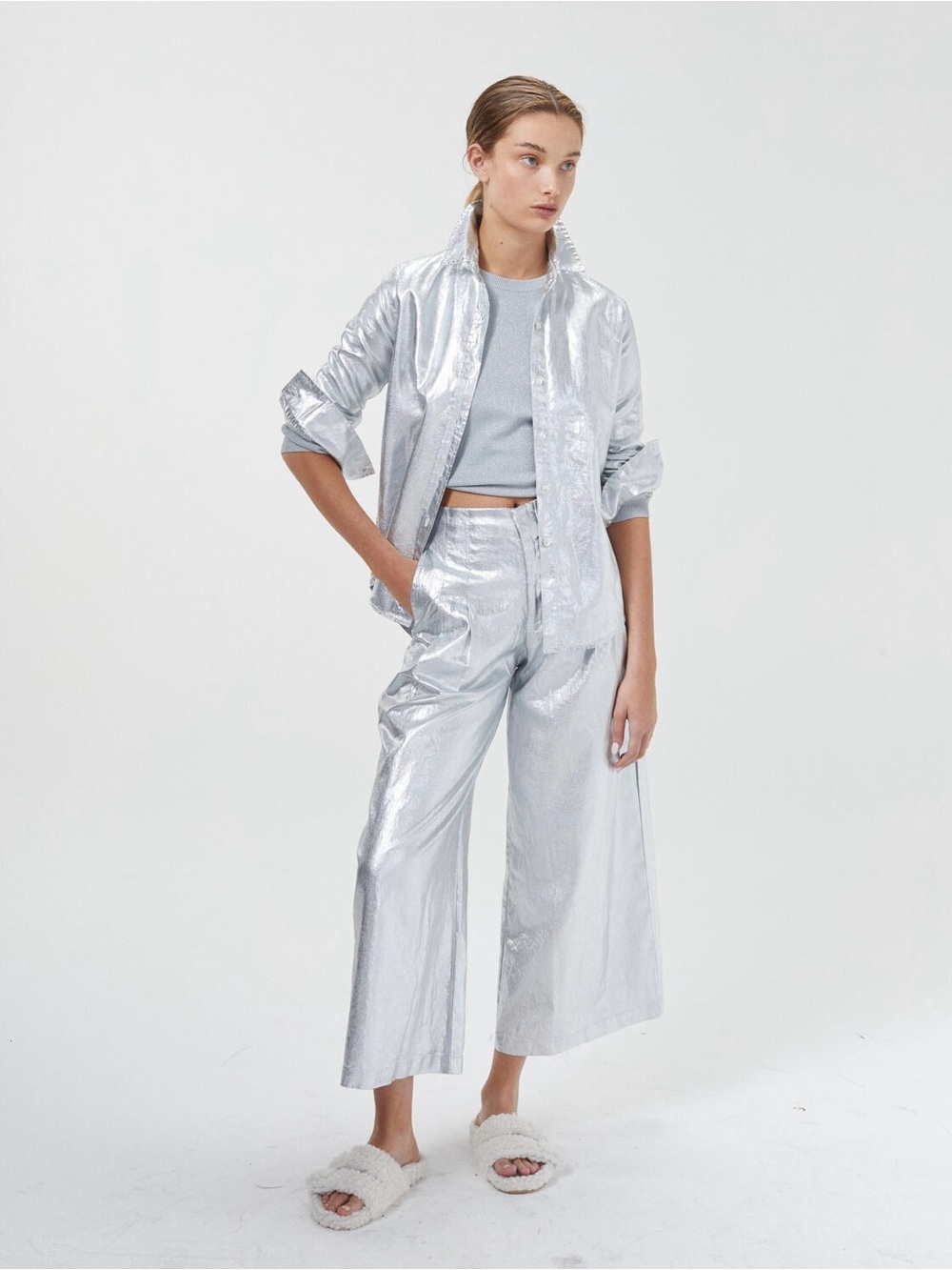 Lanhtropy Culotte Metallic New Silver Linen High Waist Wide Leg Pants